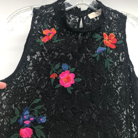 LOFT Top Womens Small Black Lace Embroidered Mock Neck Sleeveless Semi Sheer - Picture 2 of 11